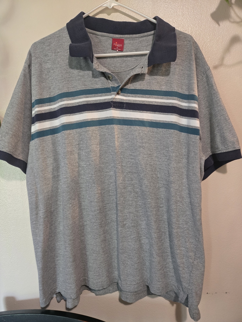 Vintage Junction West 90s Men's Grey Stripe Polo Shirt with Navy Trim XL